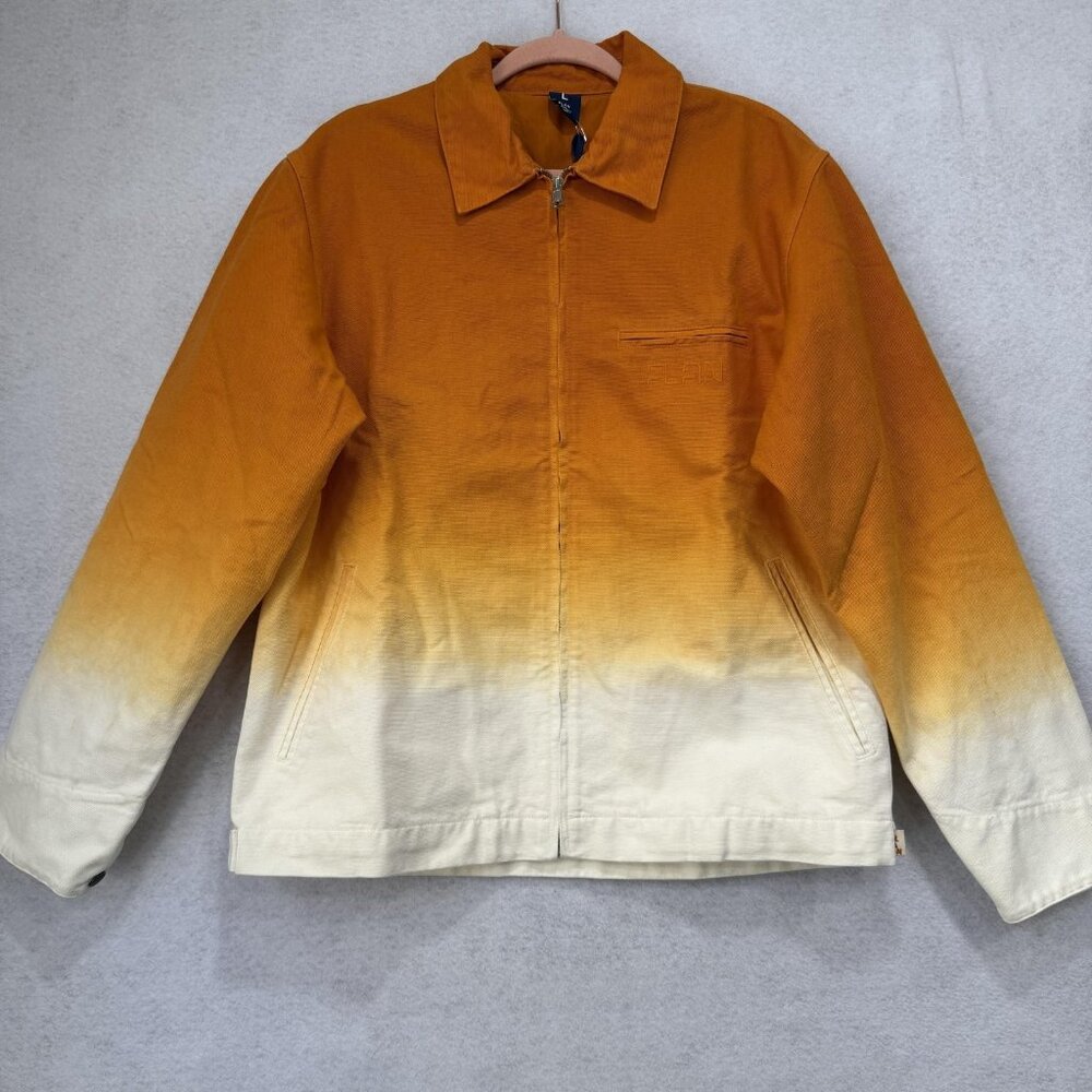 FLAN Jacket Mens Large Orange White Ombre Dip Dye Zip Front Work Chore Cotton
